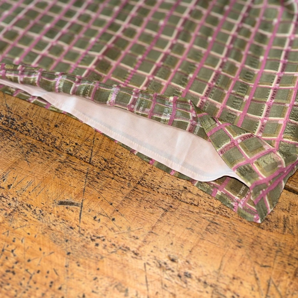 NWT THML Womens Olive Green Blush Plaid Puffer Sleeve Tie Closure Blouse Small - Picture 3 of 8